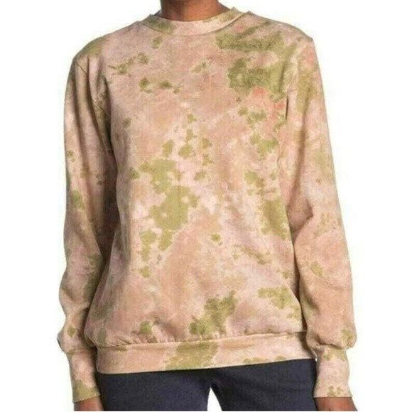 Nwt Afrm Cooley Print In Blush Olive Tie Dye Crew Neck Tan Green Sweatshirt Xs!!